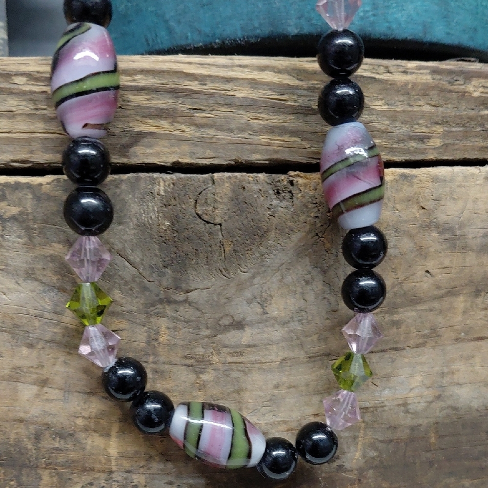 Handmade Black and Pink Glass Beaded Necklace With 925 Clasp